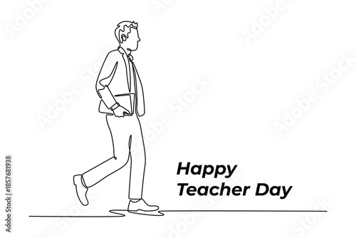 male teacher walking to the school. Teacher day concept. Single line draw design. Vector graphic illustration