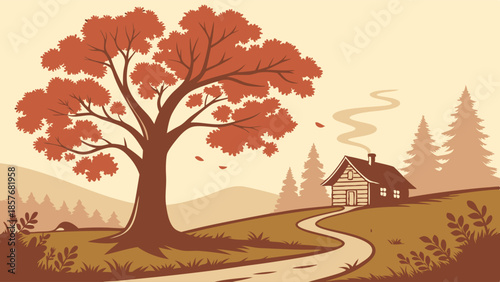Fall Landscape Vector Graphic Rustic Cabin Home Winding Road Autumn Tree Scenery Tranquil Nature Retreat Background