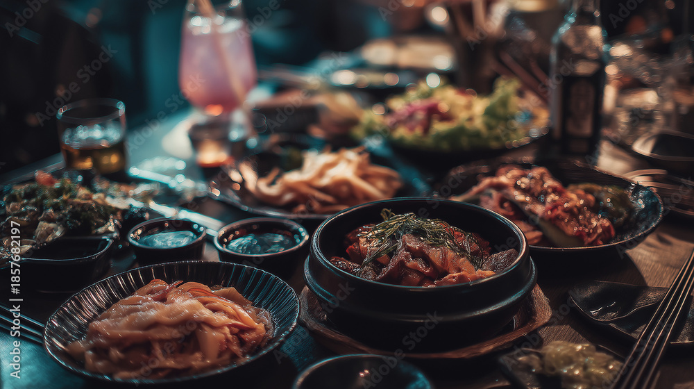 Fototapeta premium modern korean cuisine table, gourmet korean side dishes, traditional banchan dining 