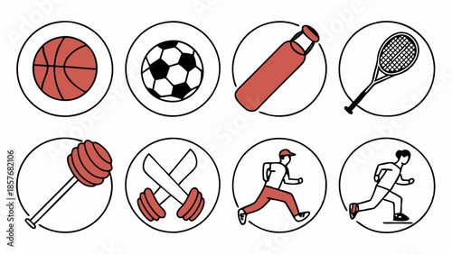 Athletic Sports Icons Set Minimalist Line Art Vector Running Soccer Basketball Tennis Cricket Fitness Equipment UI UX Design Elements