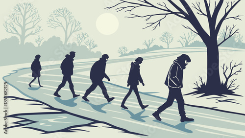 Group of People Silhouettes Walking on Icy Winter Road Journey Migration Team Solidarity Illustration