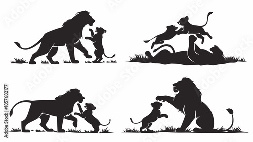 Lion Father and Cub Playing Silhouette Vector Set Paternal Love Strong Wildlife Family Bonding Illustration Design Element