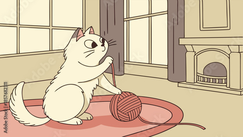 Fluffy White Cat Playing with Yarn Ball Vector Illustration Cute Domestic Pet Fun and Cozy Home Scene