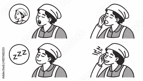 Tired Woman Yawning Sleeping Rubbing Ear Pain Illustration Fatigue Stress and Tinnitus Symptoms Health and Wellness Pictogram Vector