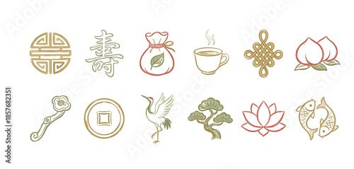 Set of traditional Asian good luck symbols including a crane, lotus, endless knot, and coin, hand-drawn in a brushstroke ink wash painting style