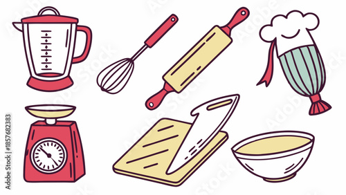 Baking Tools and Kitchen Utensils Icon Set Outline Illustration Rolling Pin Whisk Scale Blender Chef Hat Graphic Elements for Recipe Website Design and Infographics