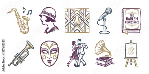 Collection of hand-drawn icons representing the cultural movement of the roaring twenties with jazz music, art deco patterns, dancing, and literature symbols in a vintage sketch style