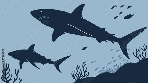Two Large Sharks Silhouette Swimming Deep Underwater Vector Illustration Marine Life Predators Dominance and Danger