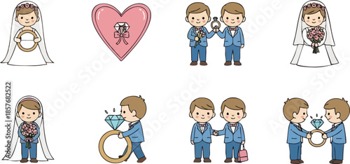 Cartoon Wedding Couple Illustration Set