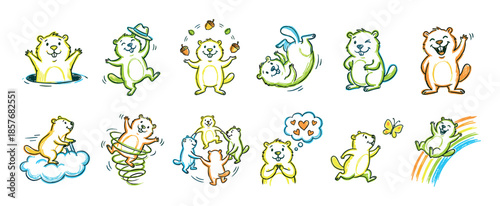 Set of cute cartoon groundhog characters in various fun poses and activities like dancing, juggling, and sliding down a rainbow, drawn in a colorful, sketchy doodle style