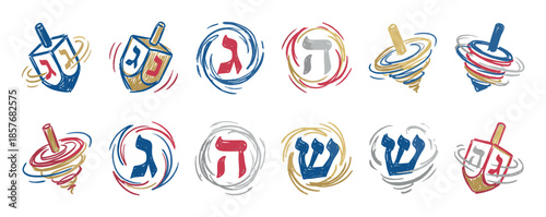 Collection of hand-drawn dreidel illustrations with Hebrew letters for the Jewish holiday of Hanukkah, depicted in a sketchy, colorful style showing the spinning tops in motion