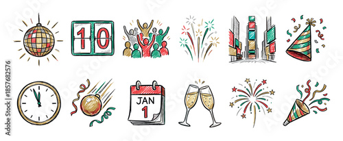 Collection of hand-drawn New Year's Eve celebration icons featuring a countdown clock, fireworks, party hat, and champagne toast in a festive, colorful doodle sketch style