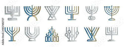 Collection of stylized Hanukkah menorah illustrations in various modern and traditional designs, rendered in a hand-drawn sketch style with blue, gold, and silver watercolor accents