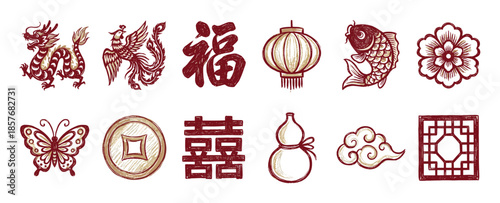 Set of traditional Chinese cultural symbols including a dragon, phoenix, lantern, and koi fish, illustrated in a hand-drawn, vintage woodblock print style with red and gold colors