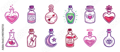 Collection of hand-drawn love potions in various glass bottles and flasks, featuring whimsical heart, arrow, and magic symbols in a colorful, sketchy doodle illustration set