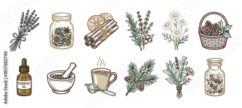 Set of vintage-style herbal medicine icons including lavender, essential oil, cinnamon, chamomile, and other natural ingredients drawn in a detailed, rustic line art style