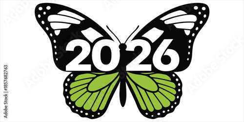 Butterfly with 2026 numbers on wings on white background year future