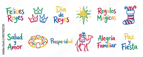 Collection of festive hand-drawn doodles and Spanish phrases celebrating the traditional holiday of Epiphany, featuring crowns, a camel with gifts, a star, and a Rosca de Reyes cake