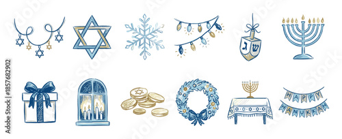 Set of hand-drawn Hanukkah illustrations including a menorah, dreidel, Star of David, and gift box in a sketchy blue and gold style for the Jewish festival of lights