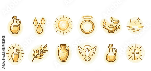 Set of golden biblical icons illustrated in a sketchy style, depicting a cross, dove, anointing oil, lamp, halo, and other sacred Christian symbols of faith