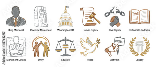 Collection of twelve hand-drawn icons representing civil rights, equality, justice, and American history, including a memorial, capitol building, and symbols of peace and protest