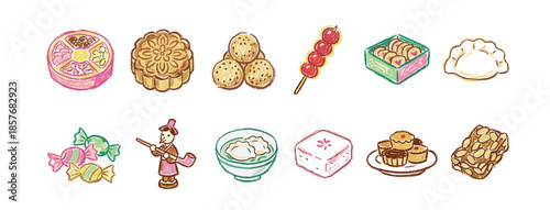 Collection of traditional Asian sweets and snacks drawn in a cute, sketchy watercolor style, including mooncake, dumplings, and tanghulu for festive celebrations