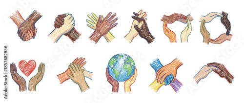 Collection of diverse hand illustrations in a sketchy, hand-drawn style showing gestures of unity, love, support, and global community with a heart and planet Earth