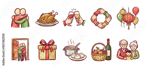 Collection of colorful sketched family celebration icons showing festive moments like hugging, dining, toasting, and giving gifts in a warm, traditional doodle style