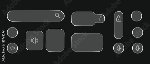 Monochrome Glassmorphism UI Elements with Frosted Glass Texture. Dark Grey Translucent User Interface Set including Volume, Lock, and Microphone Icons.