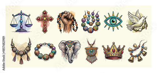 Colorful collection of hand-drawn symbolic objects including a cross, crown, elephant, and evil eye, illustrated in a beautiful watercolor sketch style with ink outlines