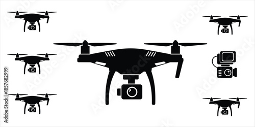 Central drone with camera surrounded by smaller drones and action camera quadcopter unmanned aerial vehicle
