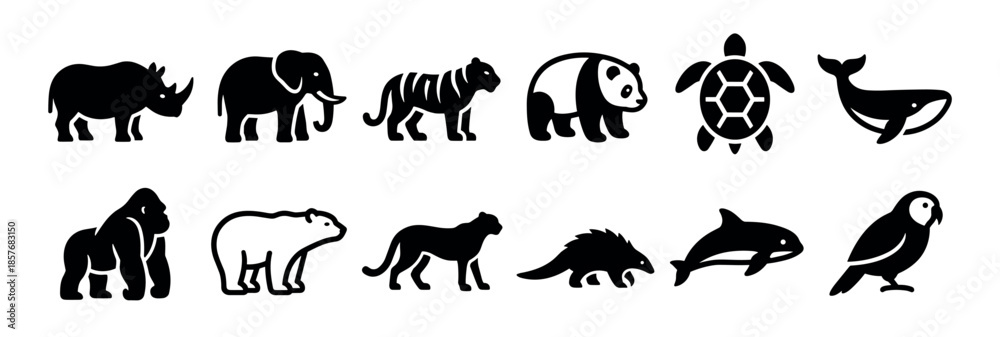 Obraz premium Set of twelve black wild animal icons including a rhino, elephant, tiger, panda, turtle, whale, and gorilla in a simple graphic silhouette style for wildlife conservation concepts
