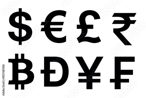 Collection of black international currency symbols including the dollar, euro, pound, rupee, bitcoin, dong, yen, and franc presented as a bold, flat graphic icon set