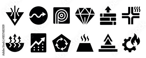 Collection of black solid glyph icons representing various universal concepts like durability, flow, heat, growth, cycle, and energy, presented in a clean minimalist style