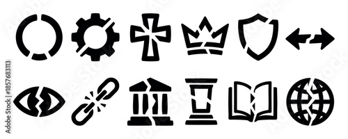 Collection of black broken icons representing crisis and failure, including a shattered gear, crown, shield, globe, and cross in a rough, hand-drawn stencil style