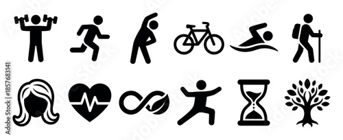 Collection of black health and fitness icons representing an active lifestyle with symbols for exercise, running, cycling, swimming, yoga, heart health, and wellness