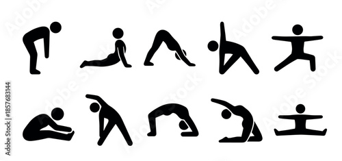 Set of black stick figure icons showing various yoga poses and stretching exercises for fitness and wellness, including forward bends, backbends, and warrior poses in a simple graphic style