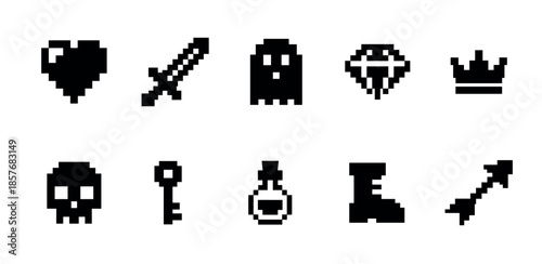 Collection of black 8-bit pixel art game icons featuring fantasy and RPG elements like a sword, skull, key, potion, ghost, heart, crown, gem, boot, and arrow