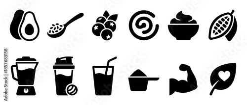 Collection of black glyph icons for healthy eating and fitness, featuring superfoods like avocado, cacao, and blueberry, plus a blender, protein shaker, and muscle symbol