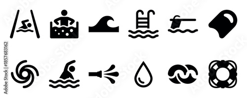 Set of black swimming pool icons featuring twelve minimalist glyphs for water activities, safety equipment, and aquatic elements in a simple, modern graphic design
