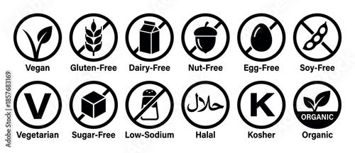 Set of black food dietary restriction icons and allergen-free symbols for product packaging, including vegan, gluten-free, organic, halal, and kosher certification marks