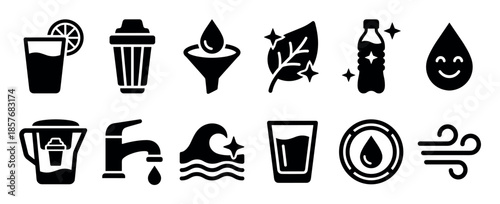 Set of black glyph icons representing water purification, hydration, and freshness, including symbols for a filter, glass, bottle, drop, leaf, and faucet for graphic design