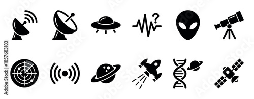 Set of black glyph icons for space exploration and extraterrestrial intelligence themes, including a UFO, alien head, satellite dish, telescope, radar, and DNA for science fiction concepts