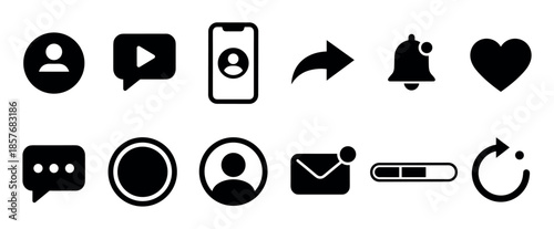 Set of black social media icons for user interface design, including symbols for profile, message, like, share, and notification, presented in a clean, minimalist graphic style
