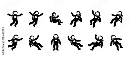 Collection of black astronaut silhouettes in various floating and standing poses, representing space exploration and zero gravity in a simple graphic icon set