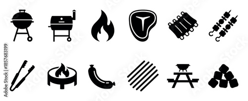 Set of black barbecue and grilling icons featuring a grill, smoker, steak, ribs, sausage, and kebab in a minimalist glyph style representing a summer cookout and picnic