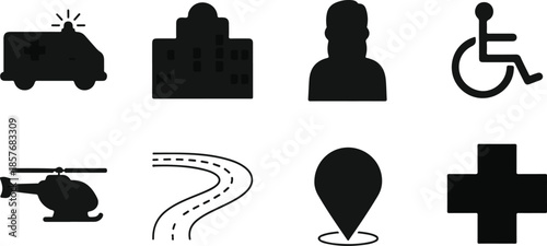 Black Medical and Navigation Icons Set: Ambulance, Hospital, Wheelchair, Helicopter, Map Pin Vector