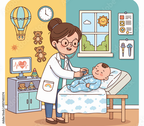 false illustration of a doctor providing services to a baby under 5 years old