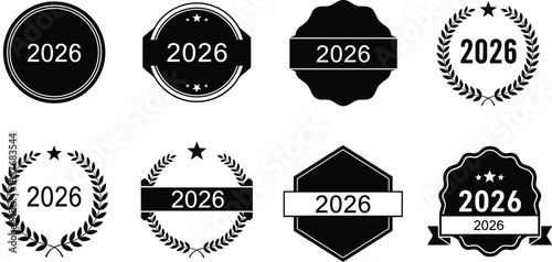 Collection of 2026 Year Badges and Laurel Wreaths on White Background Keywords: 2026, year, new year, badge, emblem, seal, label