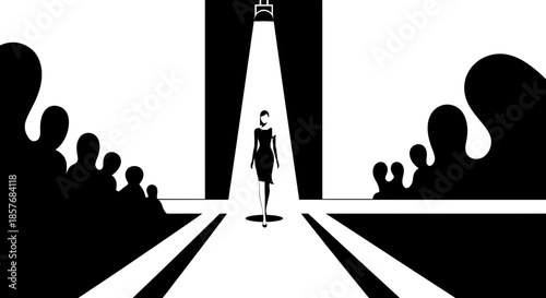 Fashion Model Walking on Catwalk Under Spotlight, Audience Silhouettes